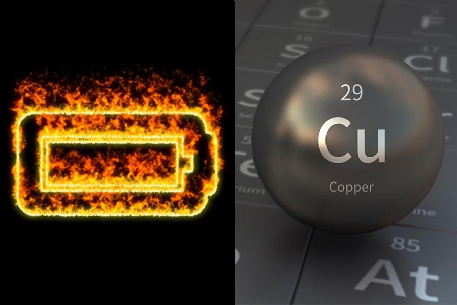 Illustration of battery outlined in fire and copper element 